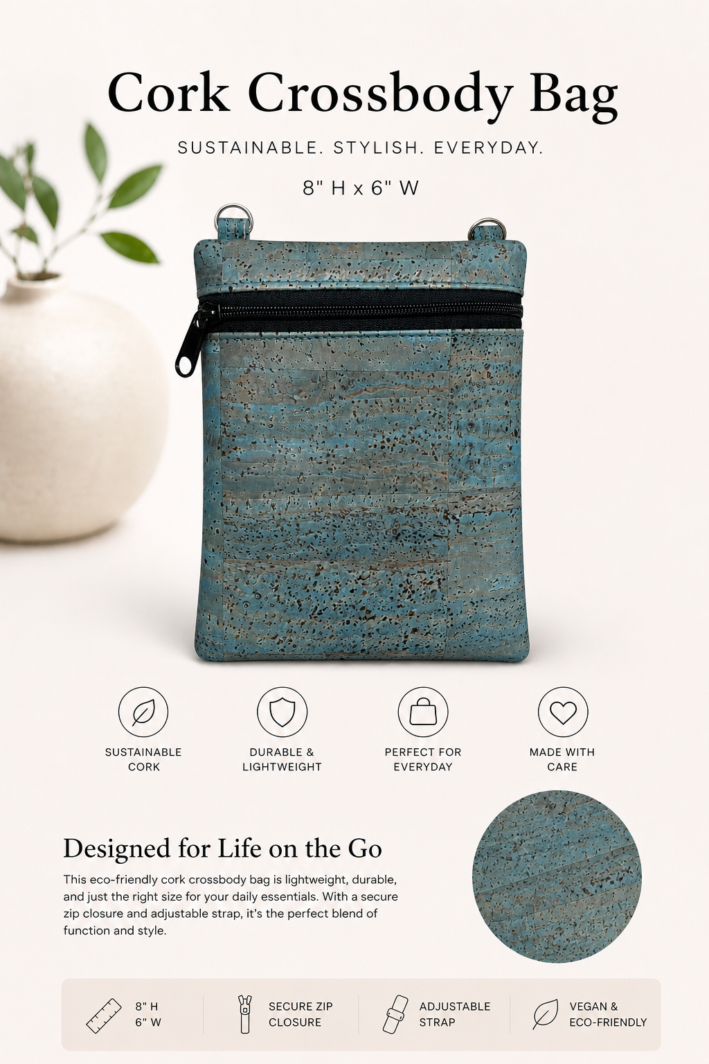 Ann Cork Cellphone Bag - W/Adjustable Strap - Vegan - Handmade - Sustainable
