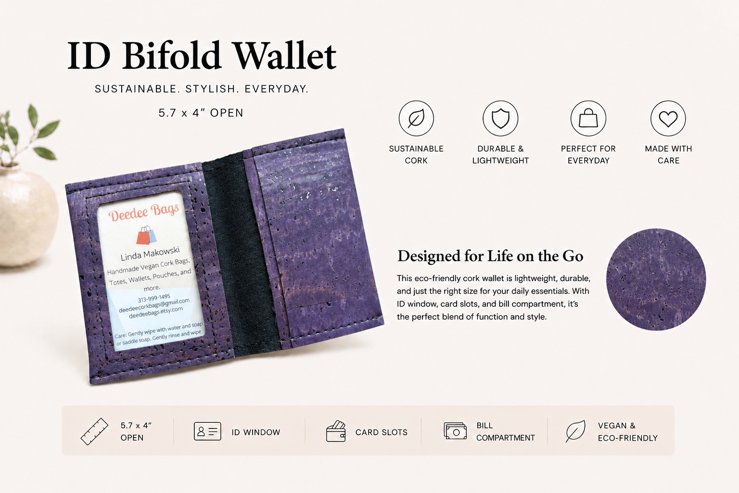 Bi-Fold/ID Cork Wallet - Vegan - Handmade - Sustainable - Choose your fabric