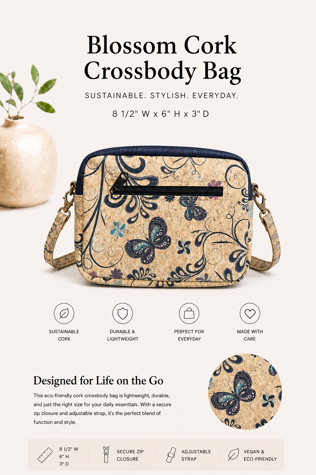 Blossom Cork Crossbody Bag - Handmade - Vegan - Adjustable Strap