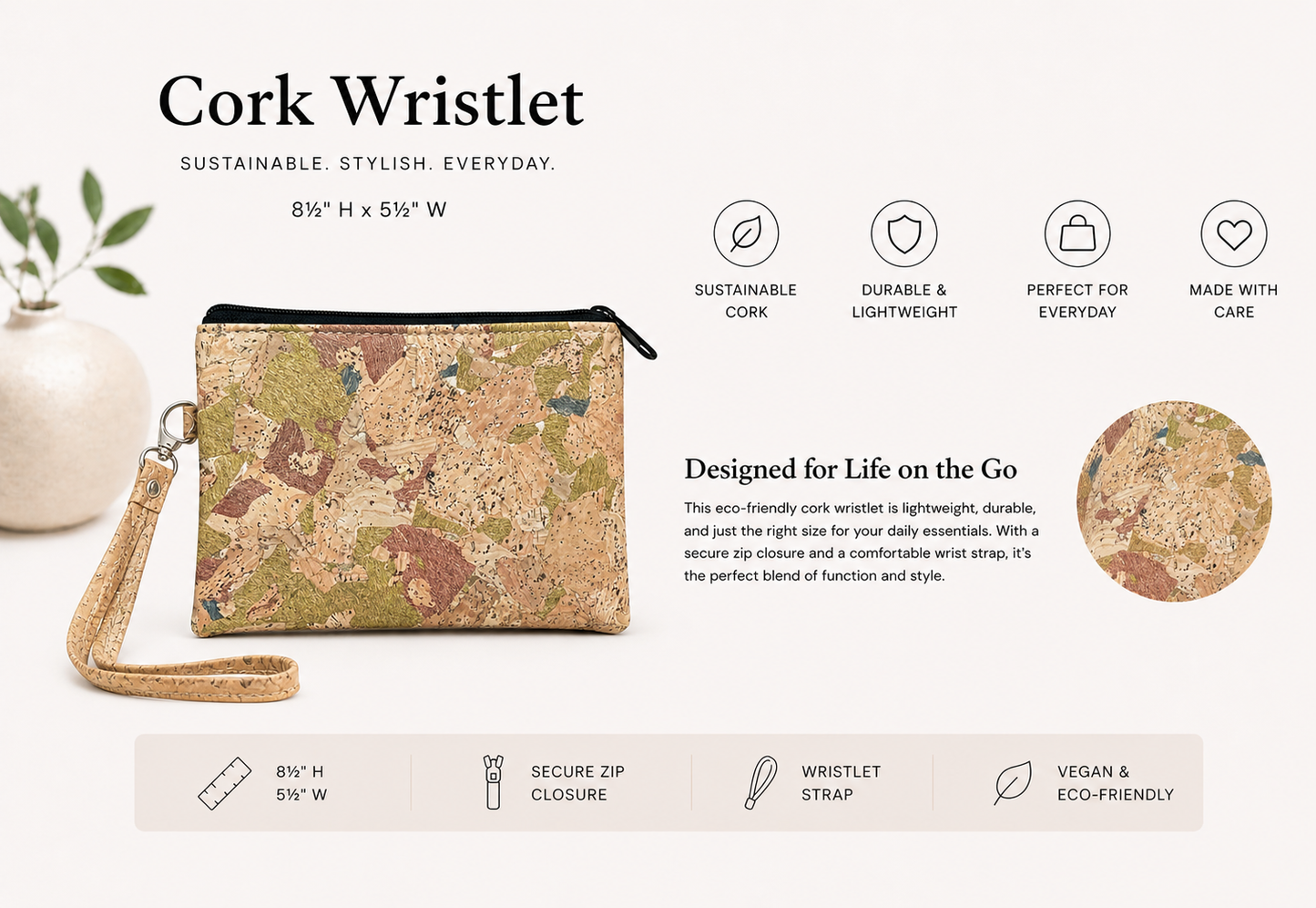 Clutch/Wristlet - Cork - Handmade - Vegan- Choose your Fabric