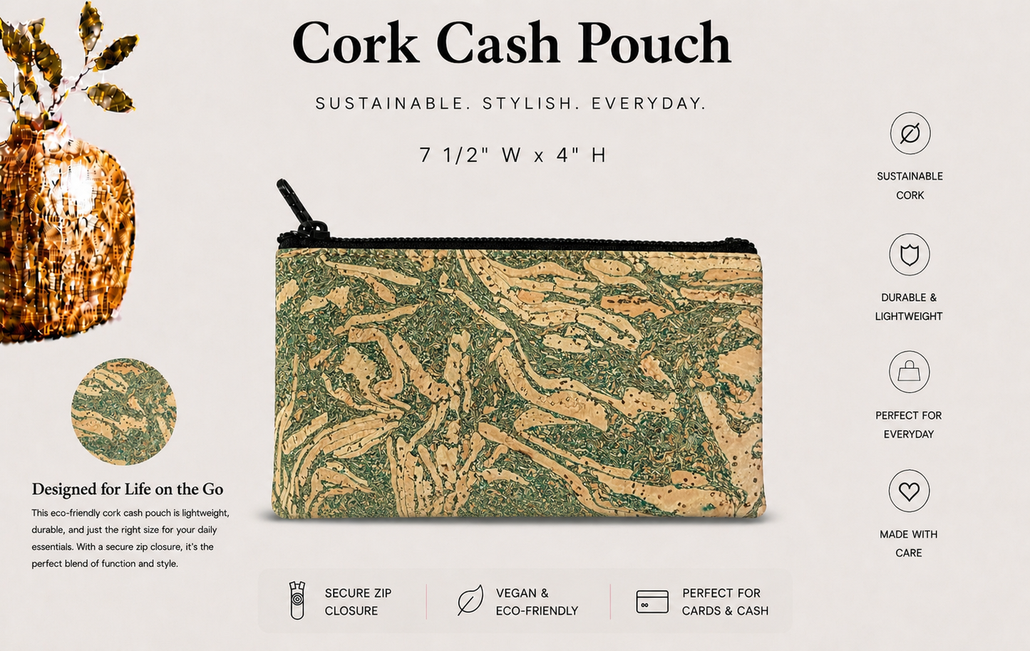 Cash/Pencil Pouch - Cork -Handmade – Vegan Coin & Jewelry Travel Pouch
