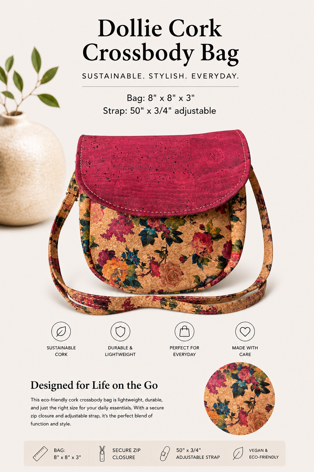 Dollie Cork Crossbody Bag – Handmade - Vegan - Adjustable Strap