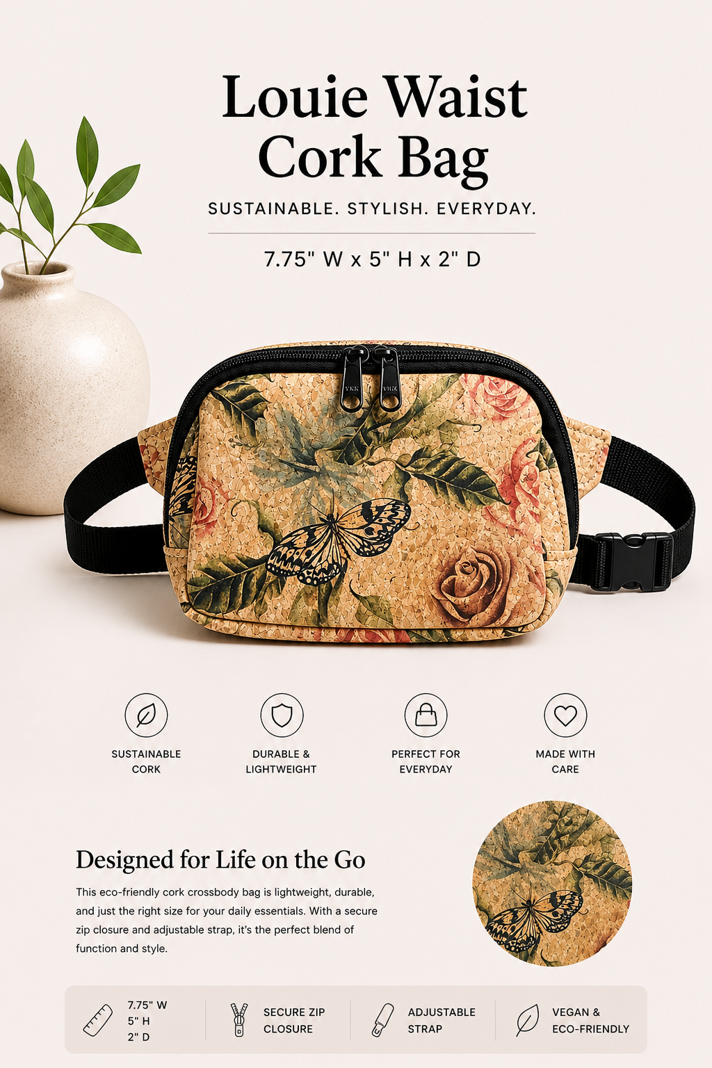 Waist Cork Bag – Handmade - Vegan - Sling - Adjustable Strap