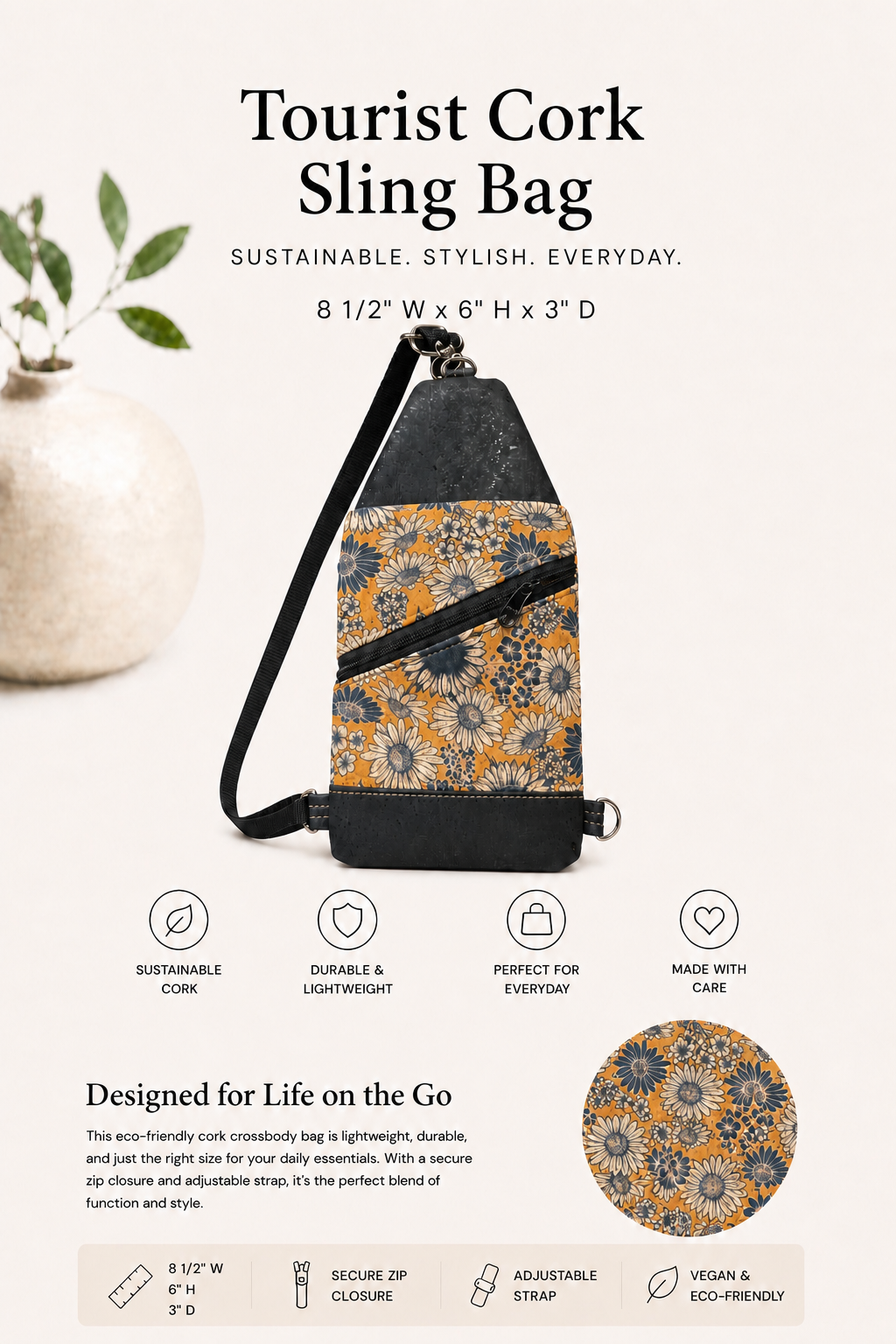 Tourist Cork Sling Bag -Vegan - Handmade - Adjustable Strap