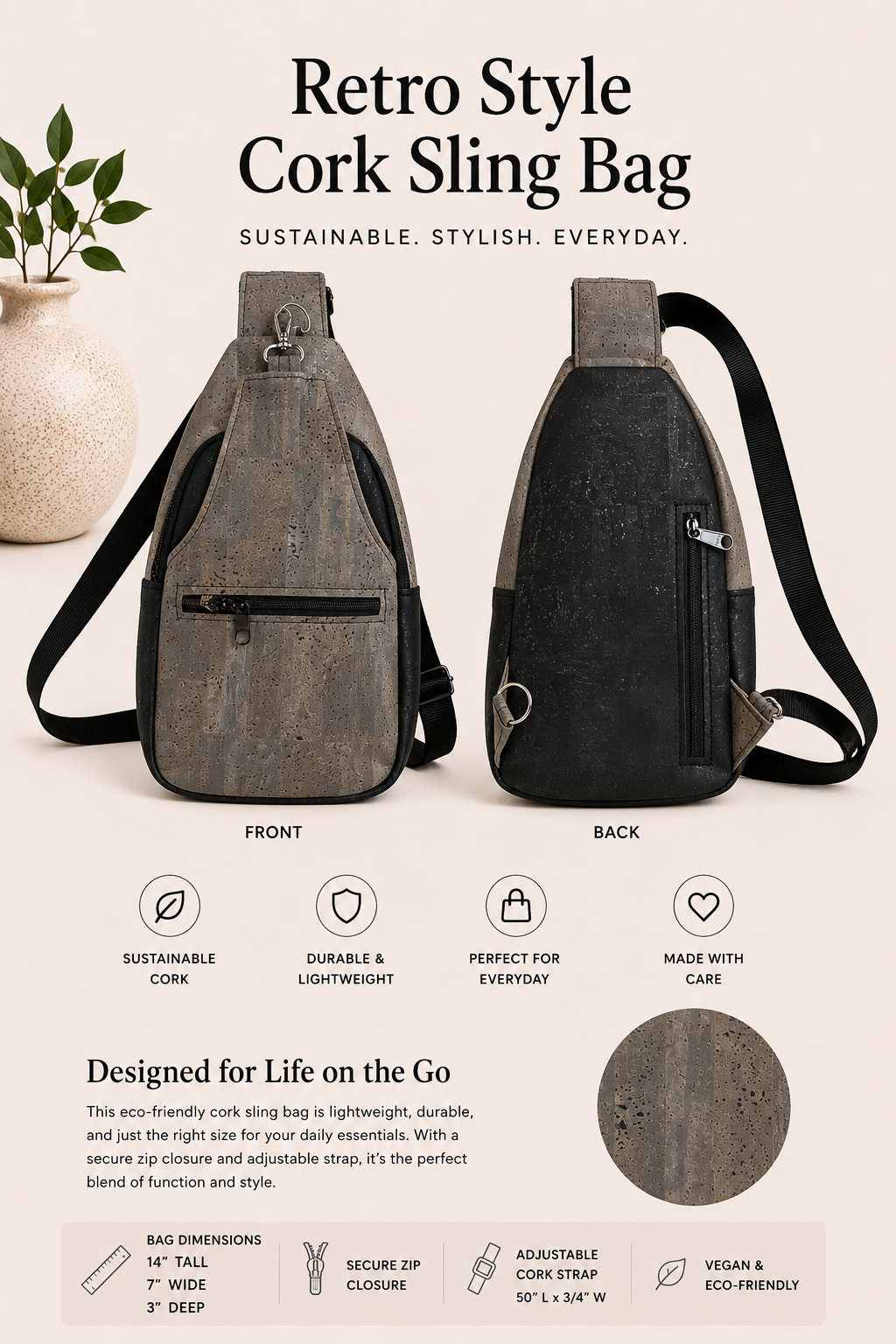 Retro Style Cork Sling Bag - w/Adjustable Strap - Vegan - Handmade