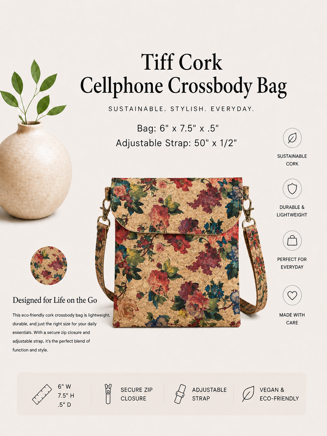 Tiff Cork Cellphone Crossbody Bag - Handmade - Vegan - Adjustable Strap