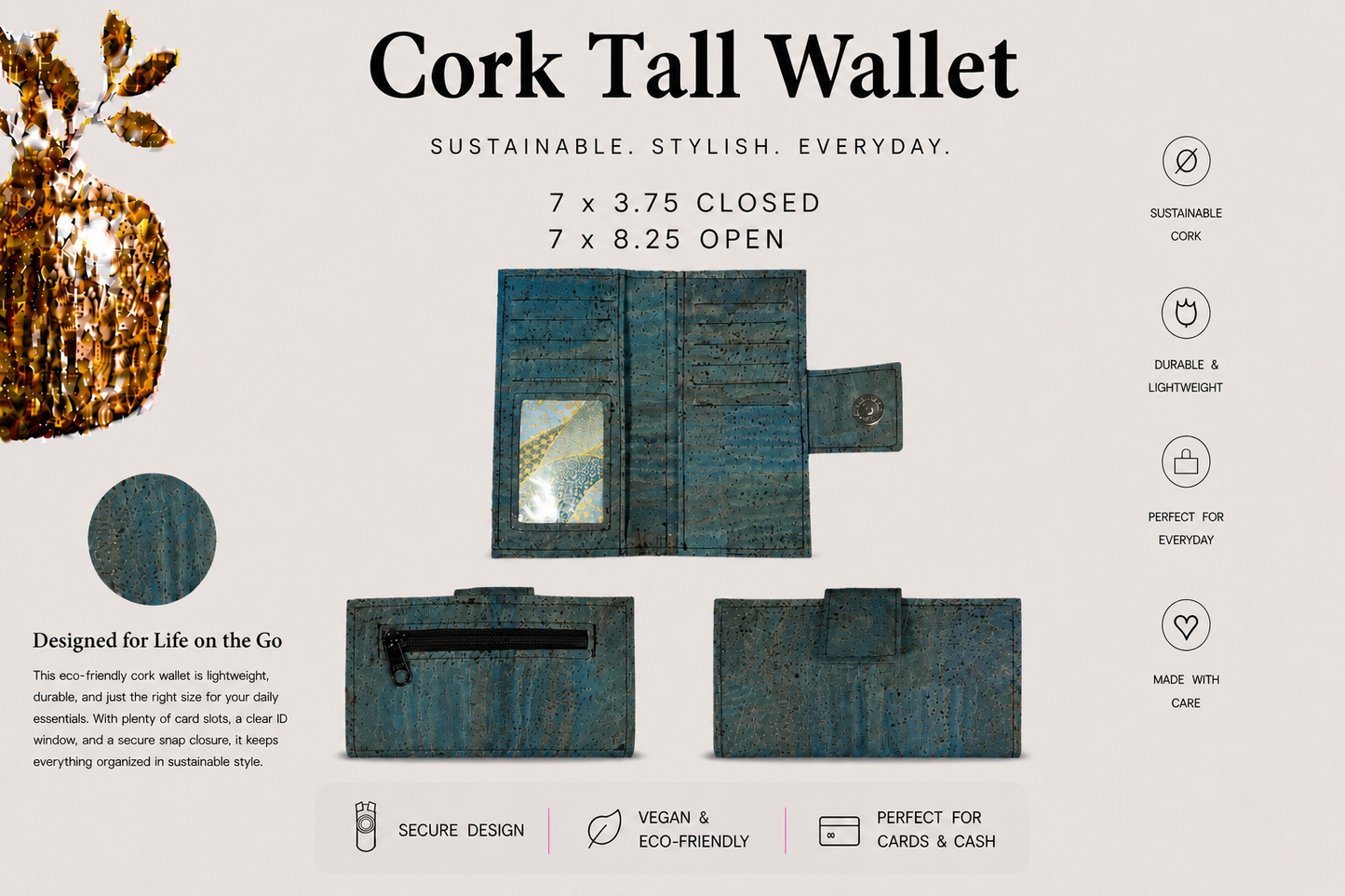 Tall Cork Wallet -ID Pocket-11 Card Pockets Bill Slots-Coin Pouch-Vegan-Handmade-Sustainable-Choose your fabric