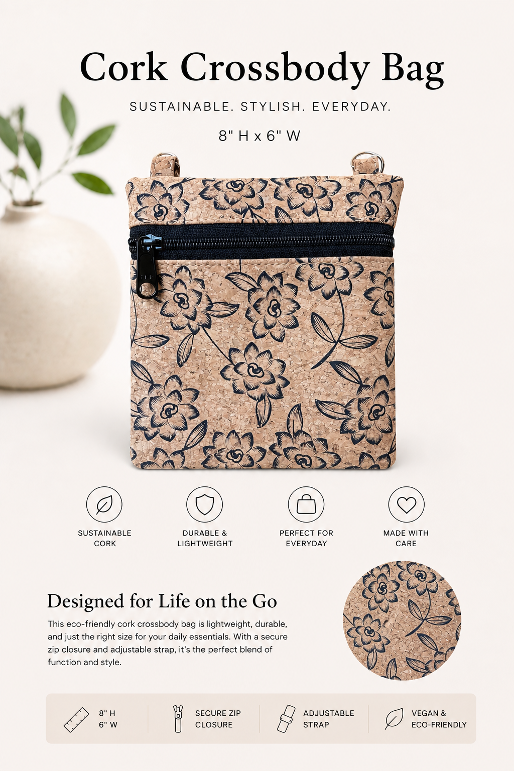 Ann Cork Cellphone Bag - W/Adjustable Strap - Vegan - Handmade - Sustainable