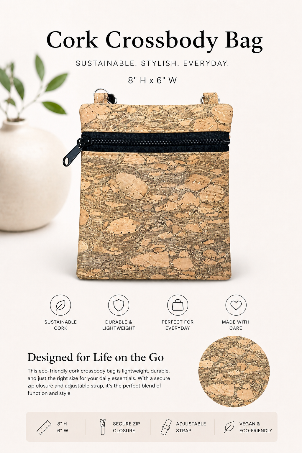 Ann Cork Cellphone Bag - W/Adjustable Strap - Vegan - Handmade - Sustainable