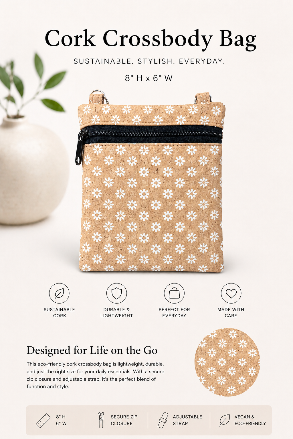 Ann Cork Cellphone Bag - W/Adjustable Strap - Vegan - Handmade - Sustainable