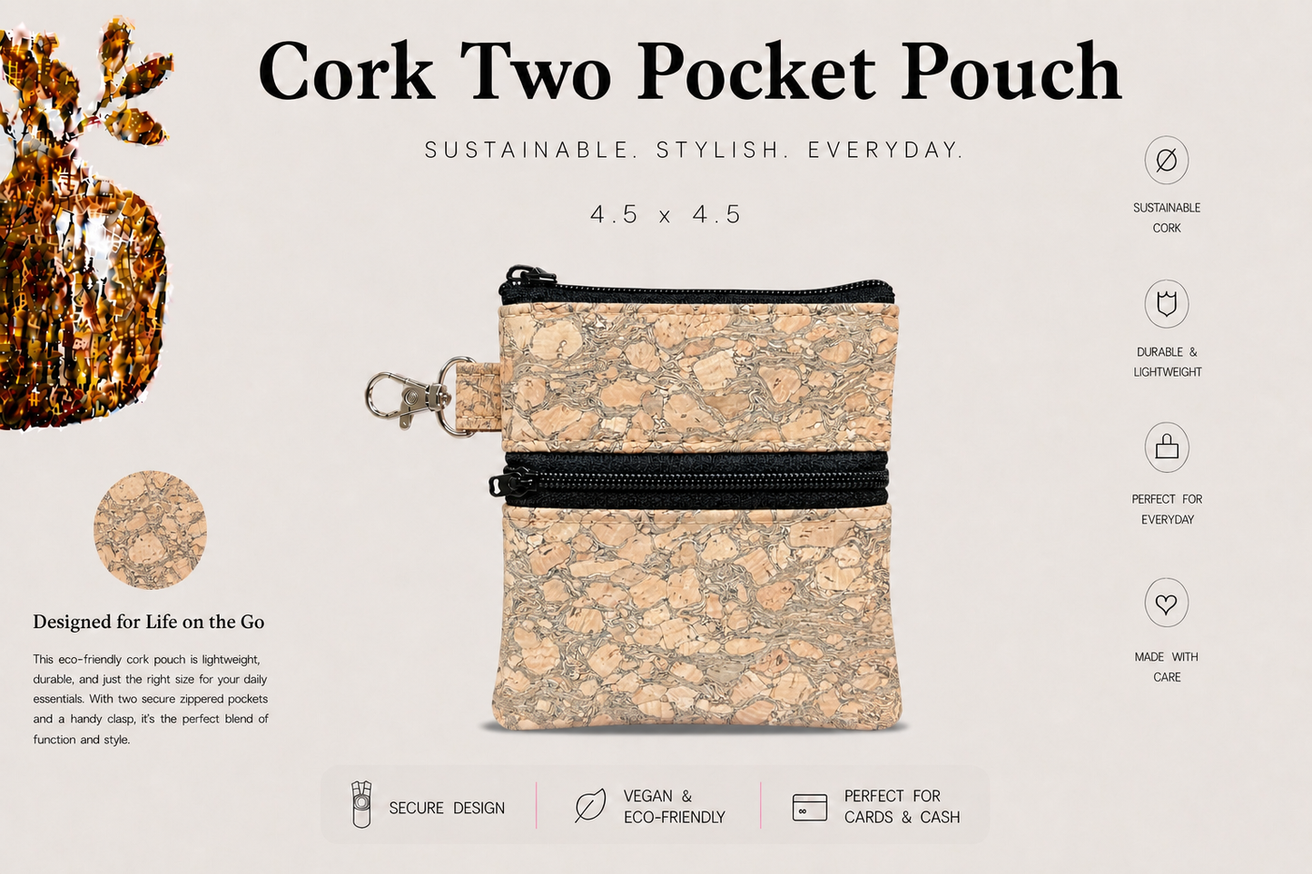 2 Pocket Cork Pouch w/Zipper Coin Pocket and Zipper Closure - Vegan - Handmade- Sustainable