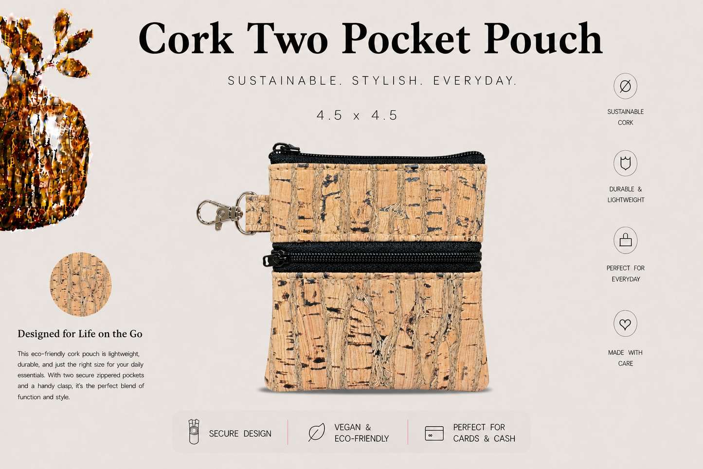 2 Pocket Cork Pouch w/Zipper Coin Pocket and Zipper Closure - Vegan - Handmade- Sustainable