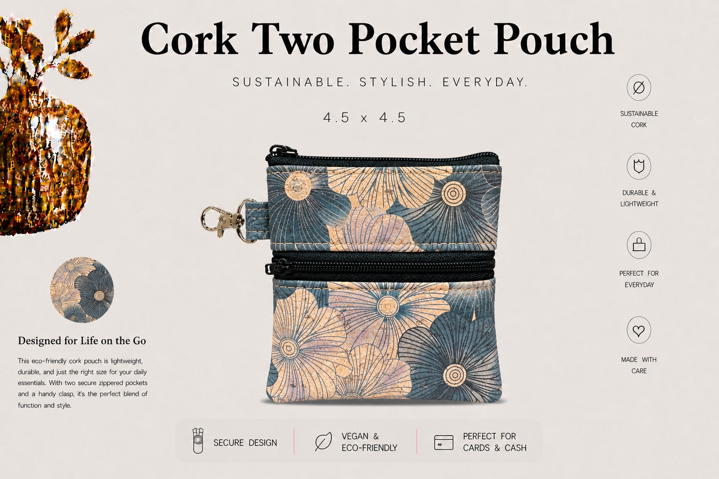 2 Pocket Cork Pouch w/Zipper Coin Pocket and Zipper Closure - Vegan - Handmade- Sustainable