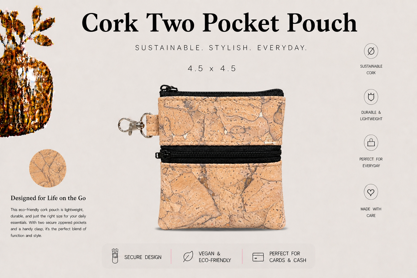 2 Pocket Cork Pouch w/Zipper Coin Pocket and Zipper Closure - Vegan - Handmade- Sustainable