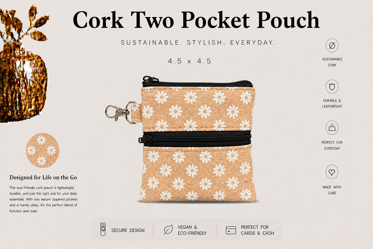 2 Pocket Cork Pouch w/Zipper Coin Pocket and Zipper Closure - Vegan - Handmade- Sustainable