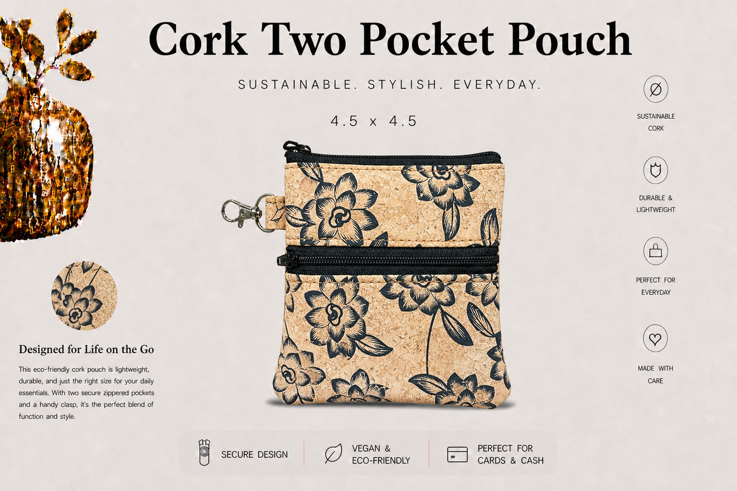 2 Pocket Cork Pouch w/Zipper Coin Pocket and Zipper Closure - Vegan - Handmade- Sustainable