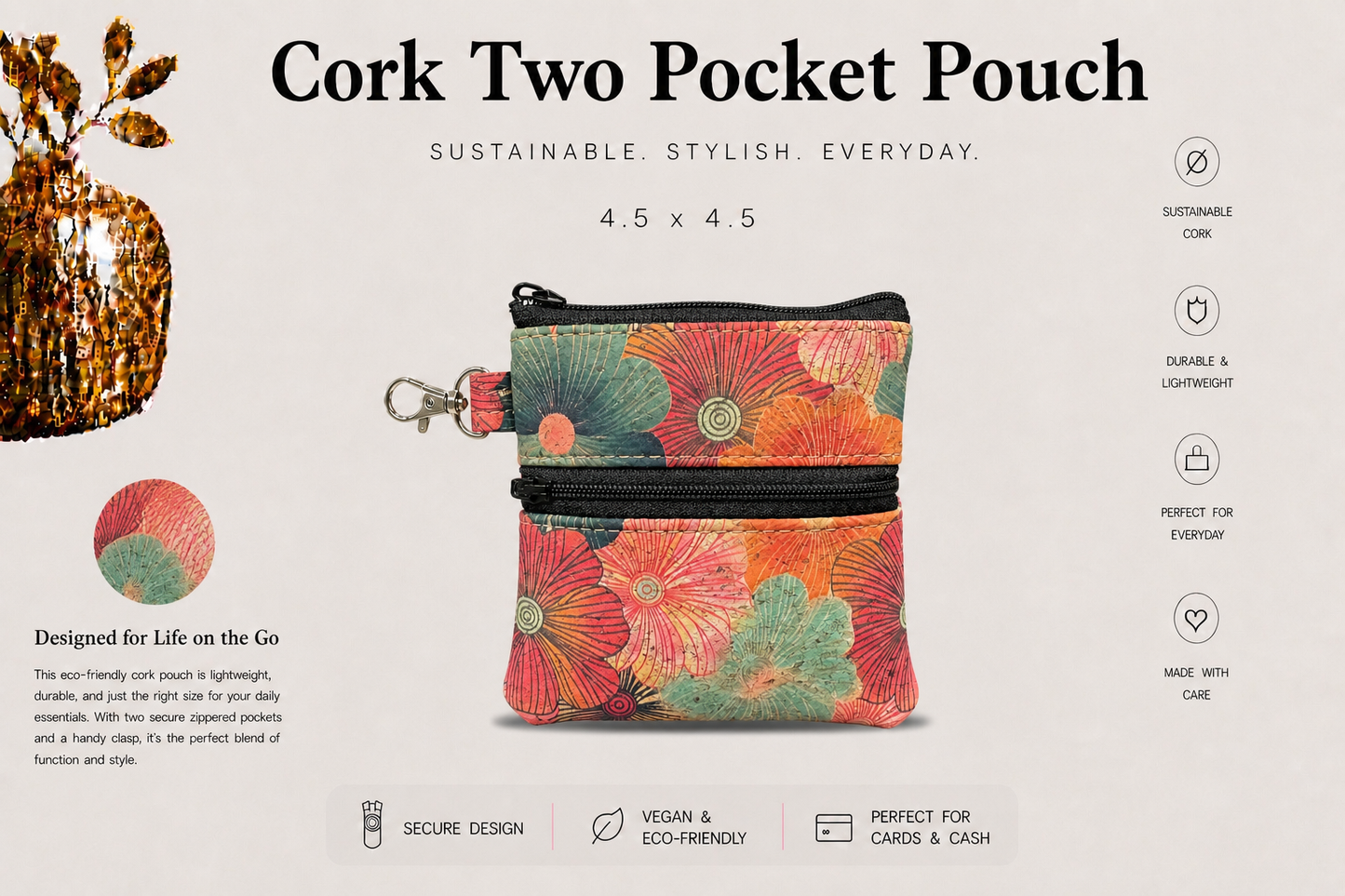 2 Pocket Cork Pouch w/Zipper Coin Pocket and Zipper Closure - Vegan - Handmade- Sustainable