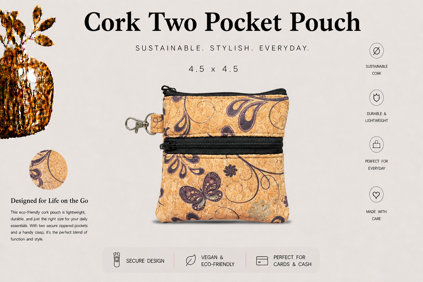 2 Pocket Cork Pouch w/Zipper Coin Pocket and Zipper Closure - Vegan - Handmade- Sustainable