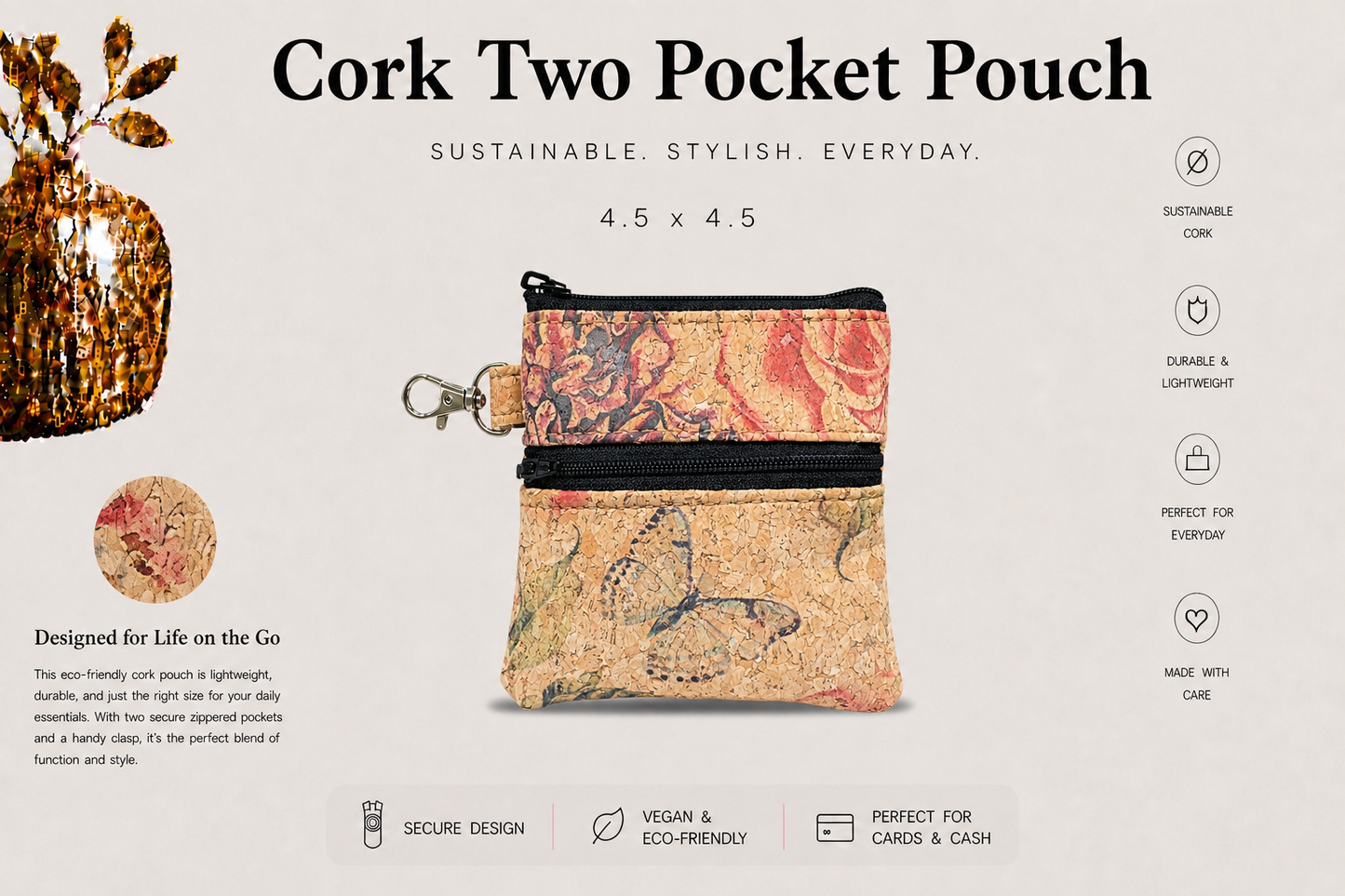 2 Pocket Cork Pouch w/Zipper Coin Pocket and Zipper Closure - Vegan - Handmade- Sustainable