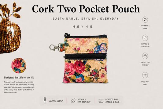 2 Pocket Cork Pouch w/Zipper Coin Pocket and Zipper Closure - Vegan - Handmade- Sustainable