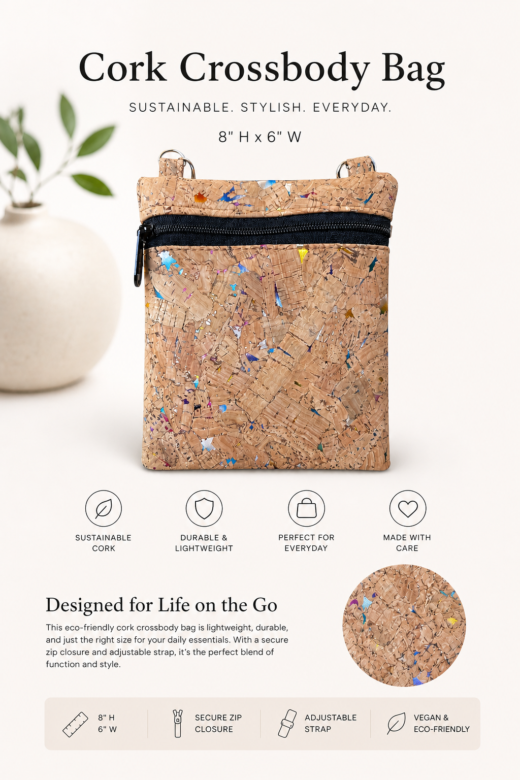 Ann Cork Cellphone Bag - W/Adjustable Strap - Vegan - Handmade - Sustainable
