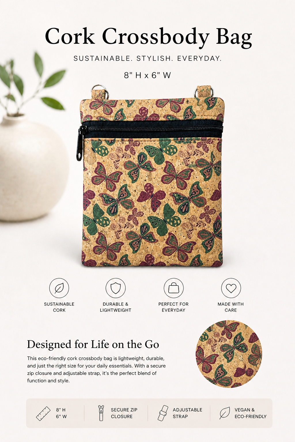 Ann Cork Cellphone Bag - W/Adjustable Strap - Vegan - Handmade - Sustainable