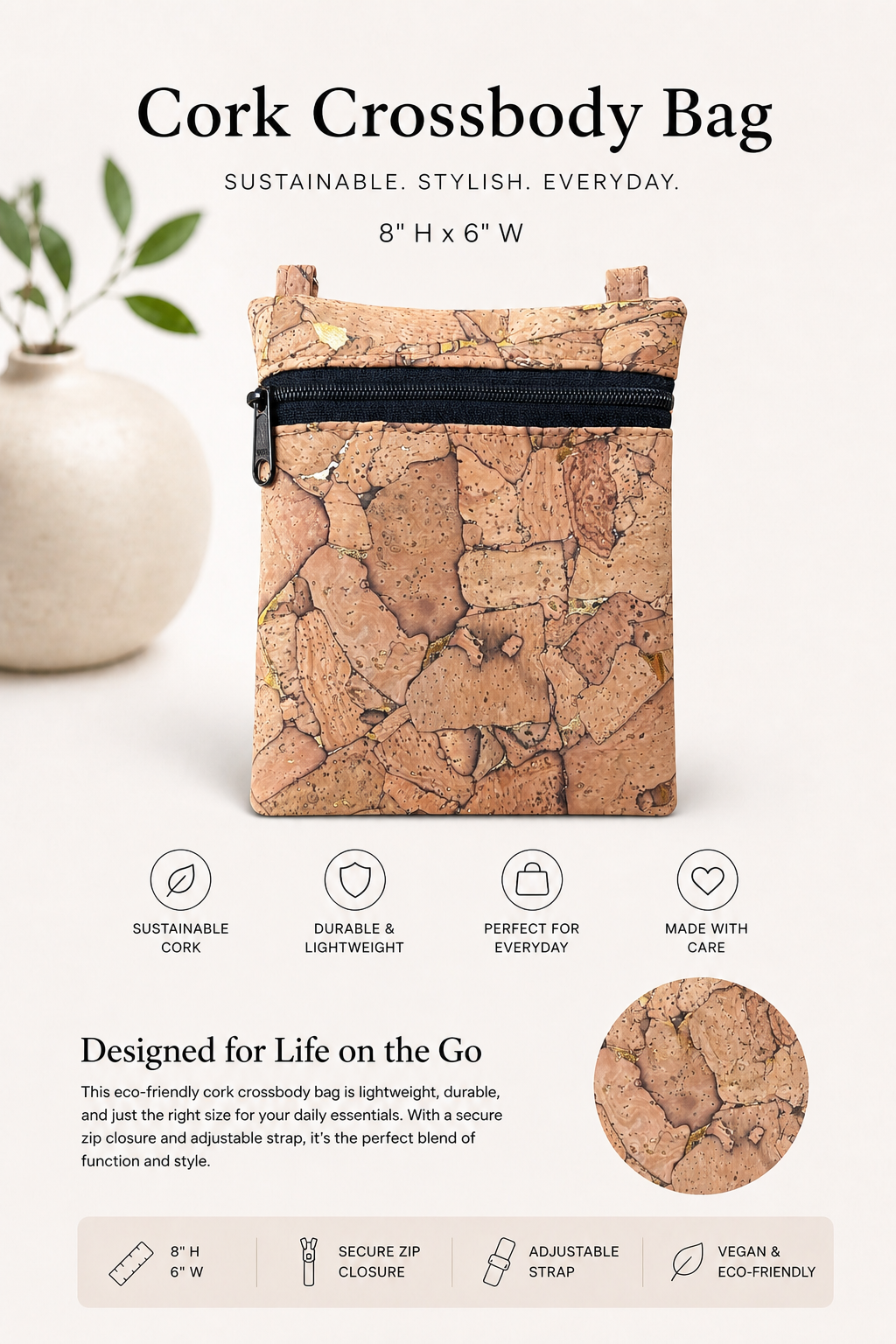 Ann Cork Cellphone Bag - W/Adjustable Strap - Vegan - Handmade - Sustainable