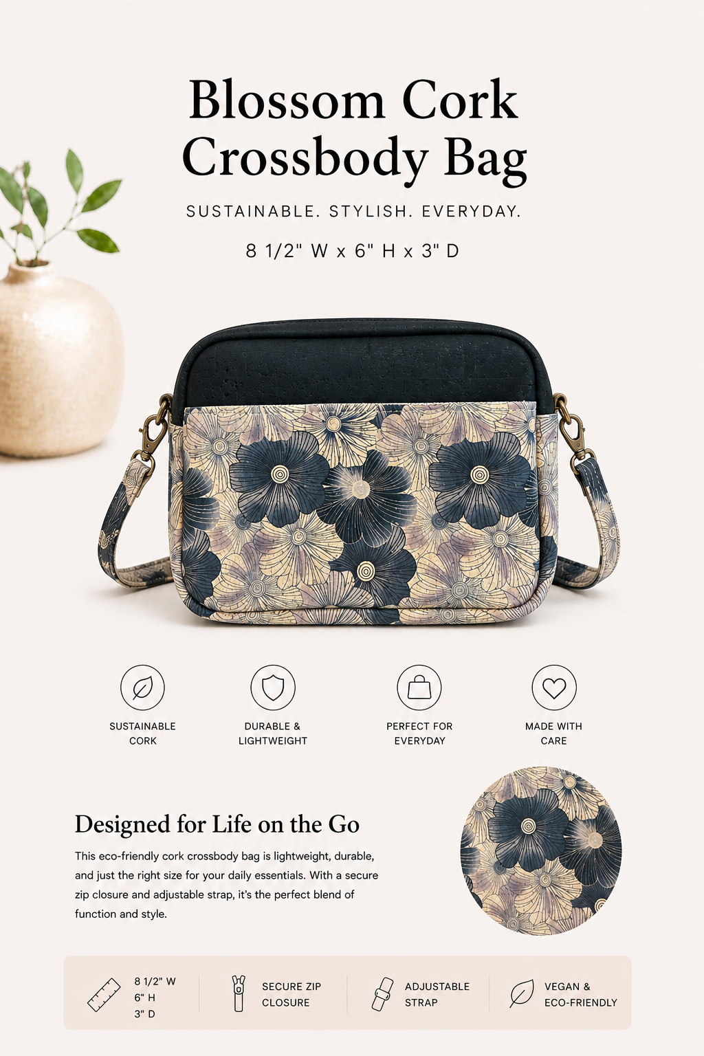 Blossom Cork Crossbody Bag - Handmade - Vegan -  Adjustable Strap