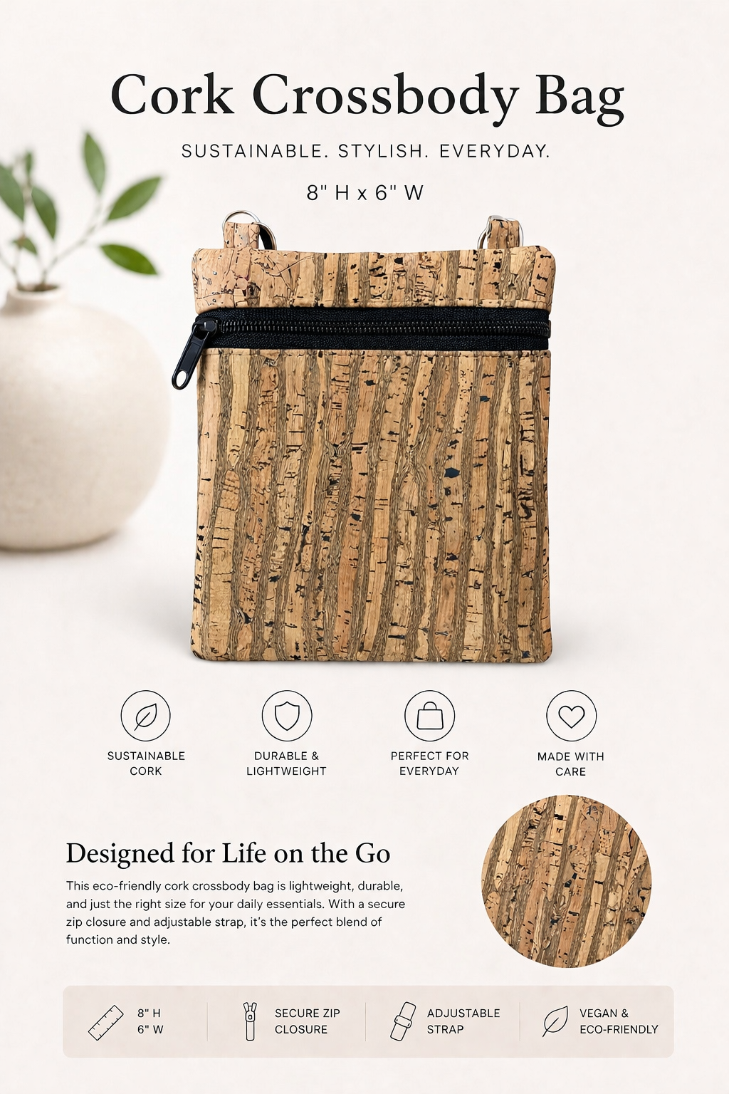 Ann Cork Cellphone Bag - W/Adjustable Strap - Vegan - Handmade - Sustainable