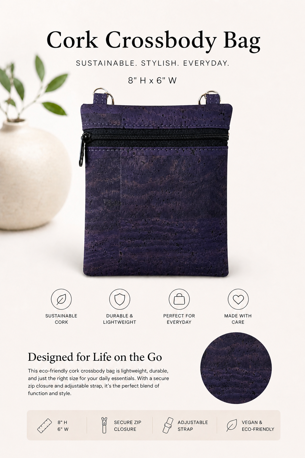 Ann Cork Cellphone Bag - W/Adjustable Strap - Vegan - Handmade - Sustainable