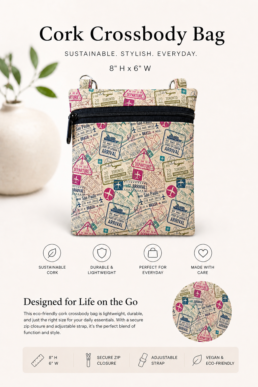 Ann Cork Cellphone Bag - W/Adjustable Strap - Vegan - Handmade - Sustainable
