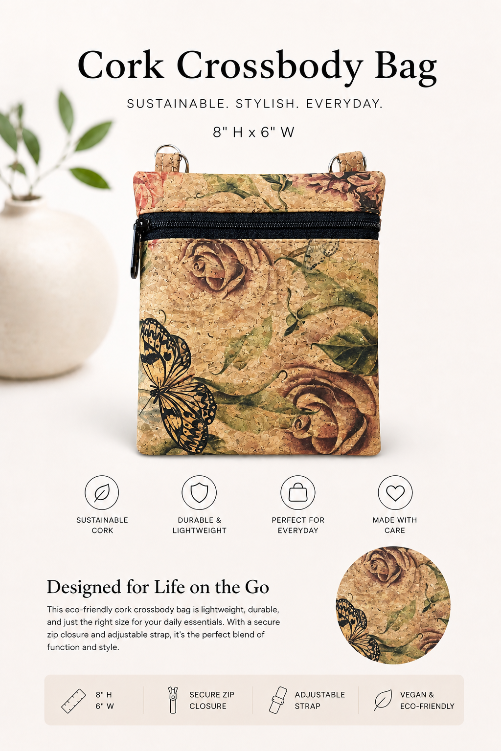 Ann Cork Cellphone Bag - W/Adjustable Strap - Vegan - Handmade - Sustainable