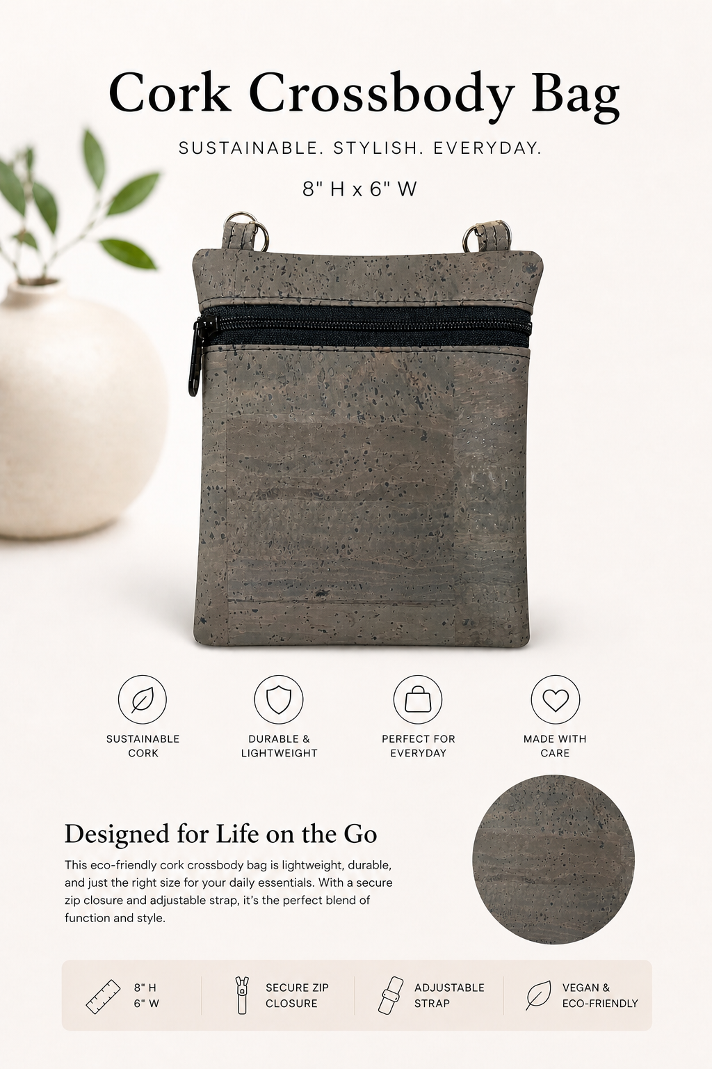 Ann Cork Cellphone Bag - W/Adjustable Strap - Vegan - Handmade - Sustainable