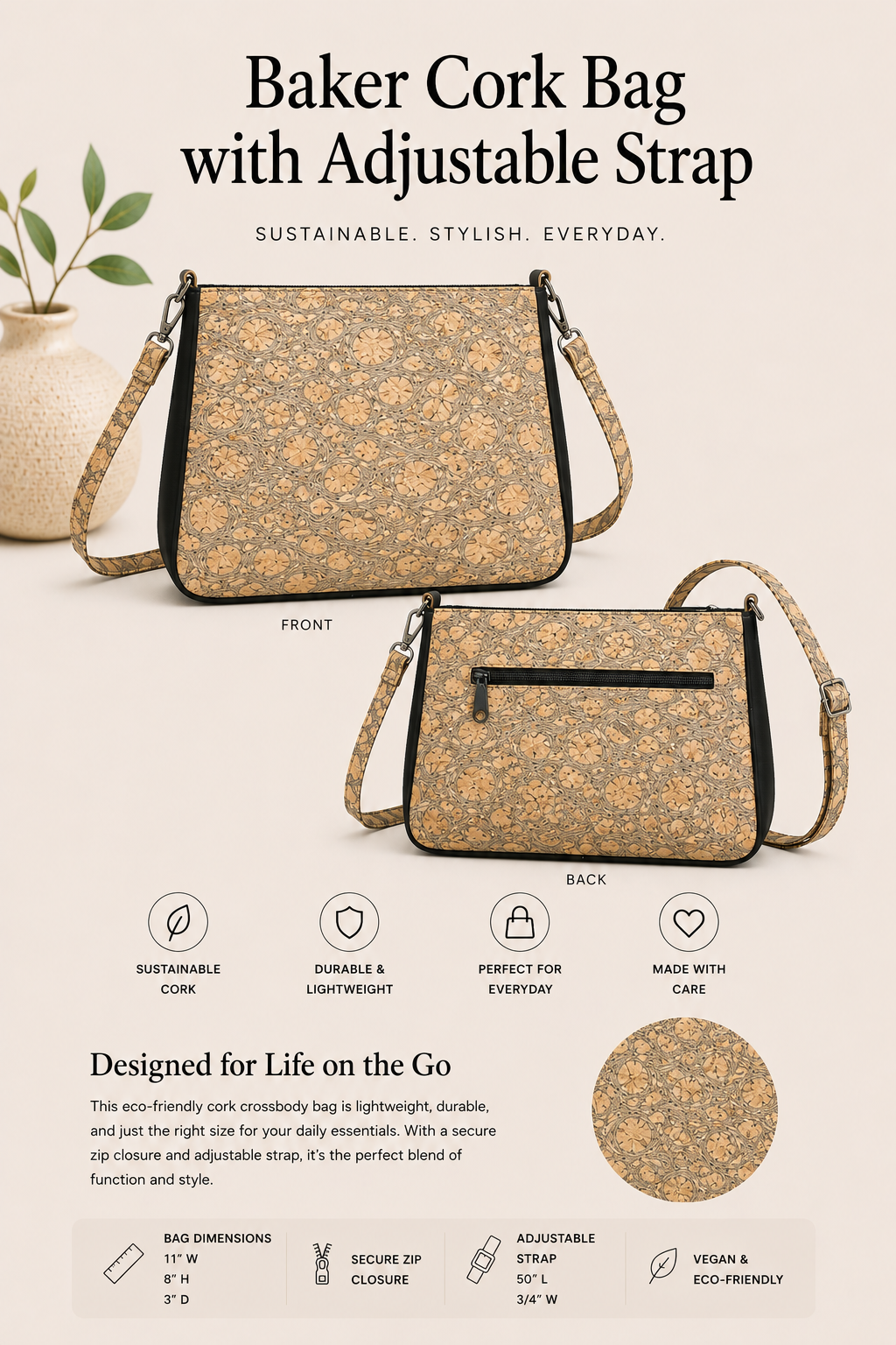 Baker Cork Bag w/Adjustable Strap -  Handmade - Vegan - Shoulder Bag - Choose your fabric!