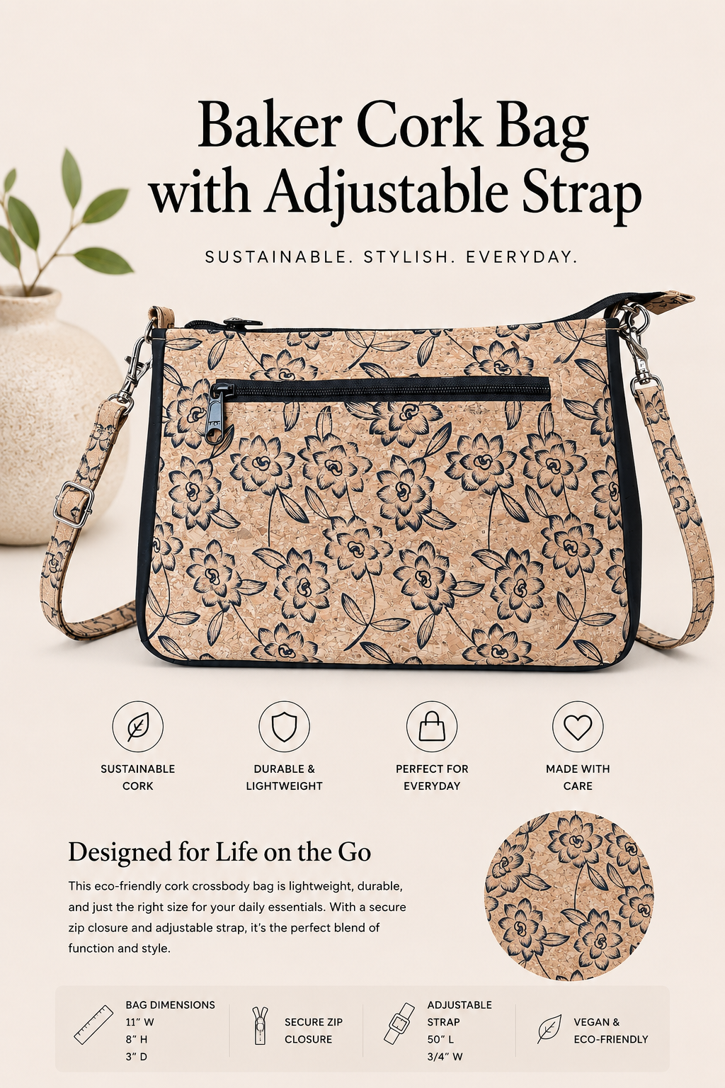 Baker Cork Bag w/Adjustable Strap -  Handmade - Vegan - Shoulder Bag - Choose your fabric!