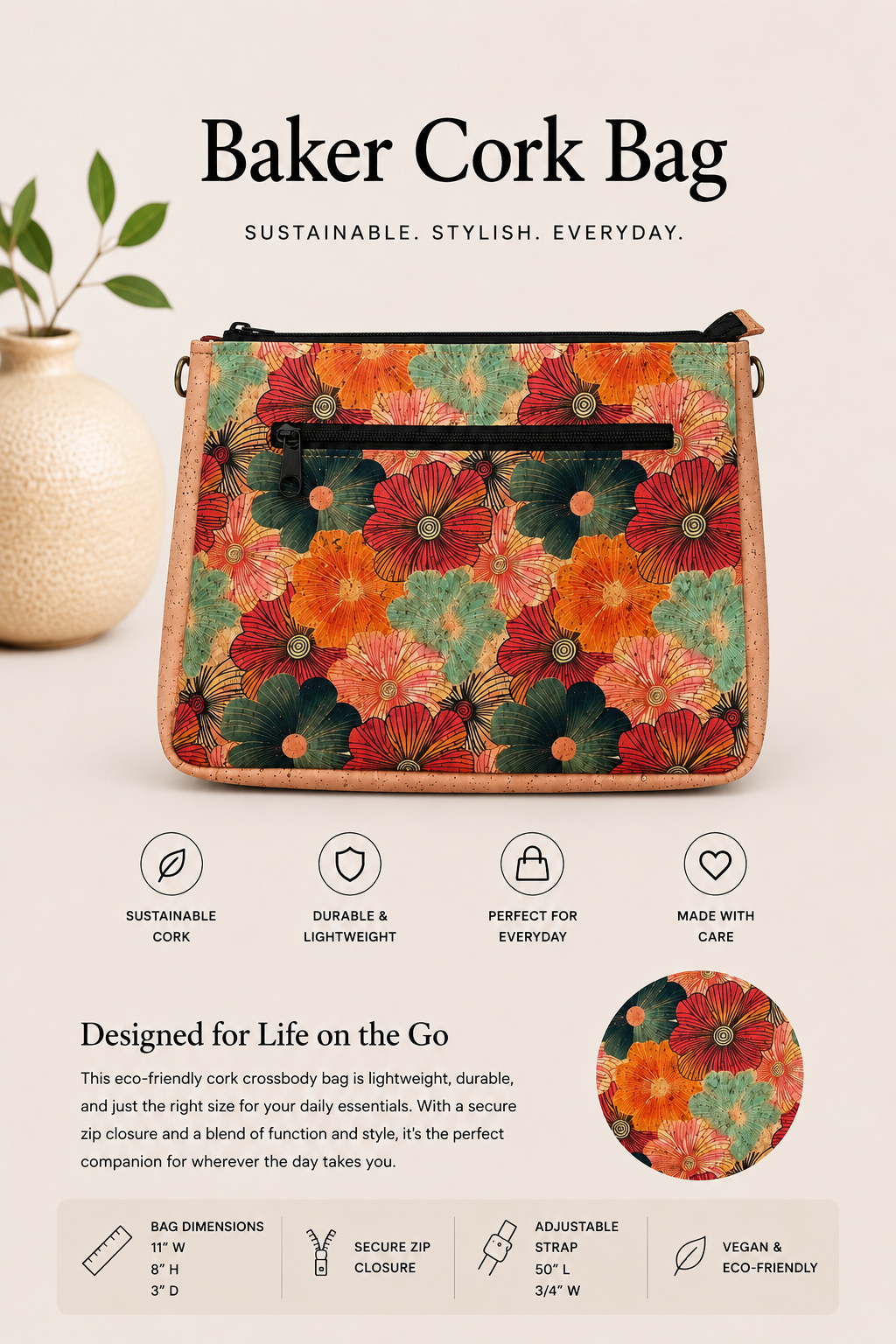 Baker Cork Bag w/Adjustable Strap -  Handmade - Vegan - Shoulder Bag - Choose your fabric!
