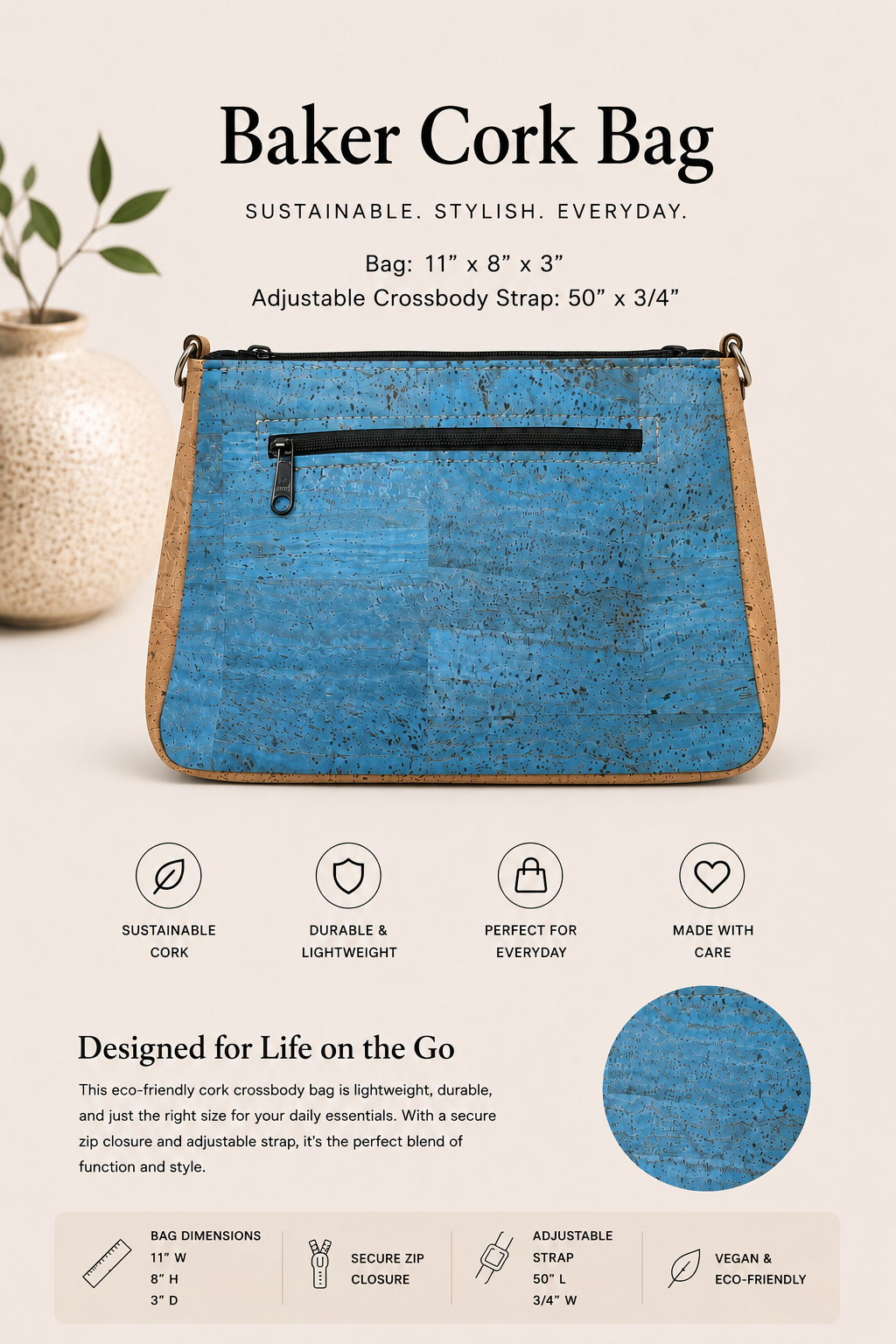 Baker Cork Bag w/Adjustable Strap -  Handmade - Vegan - Shoulder Bag - Choose your fabric!