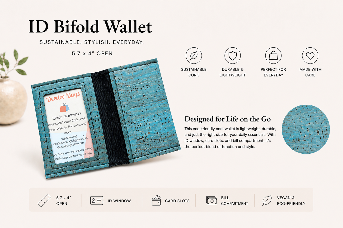 Bi-Fold/ID Cork Wallet -  Vegan - Handmade - Sustainable - Choose your fabric