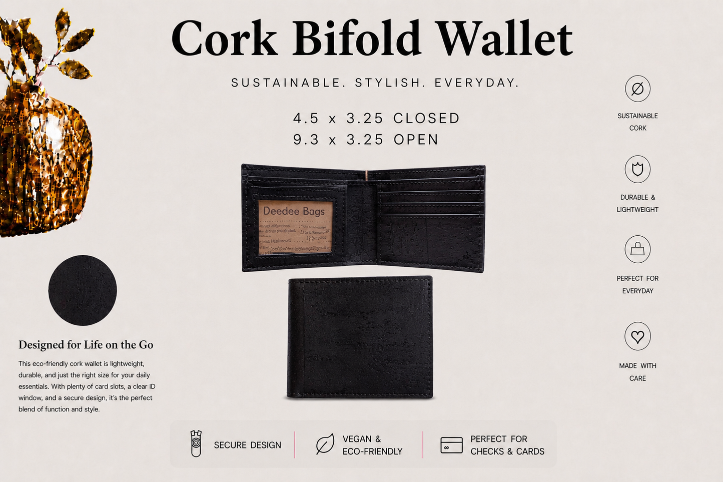 Bi-Fold Cork Wallet - Vegan - Handmade - ID Window