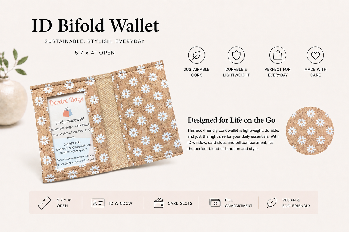 Bi-Fold/ID Cork Wallet -  Vegan - Handmade - Sustainable - Choose your fabric