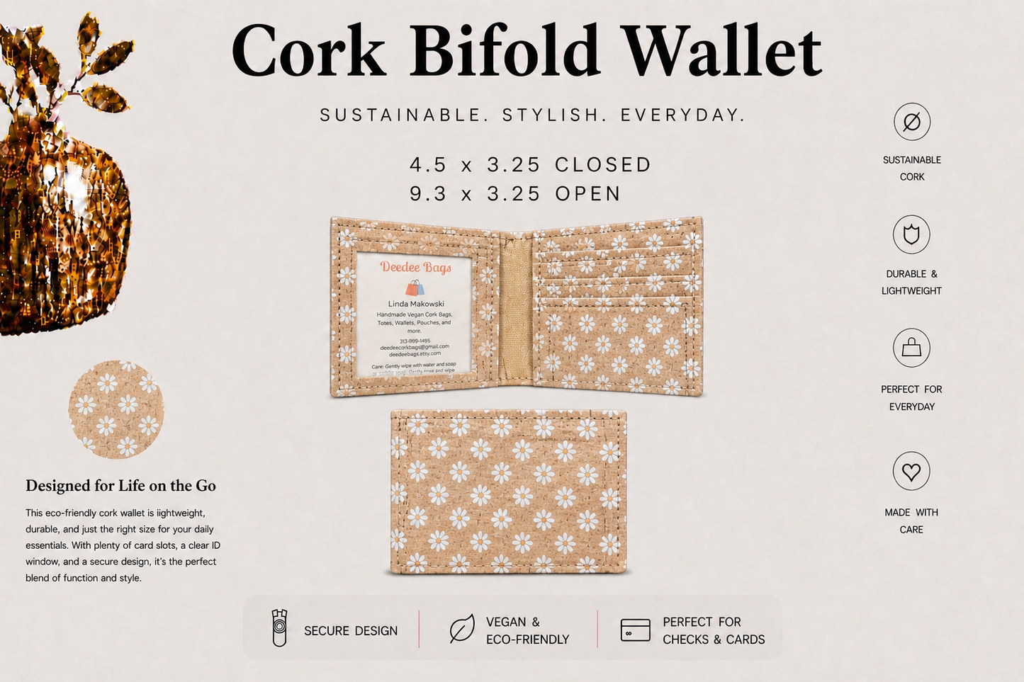 Bi-Fold Cork Wallet - Vegan - Handmade - ID Window