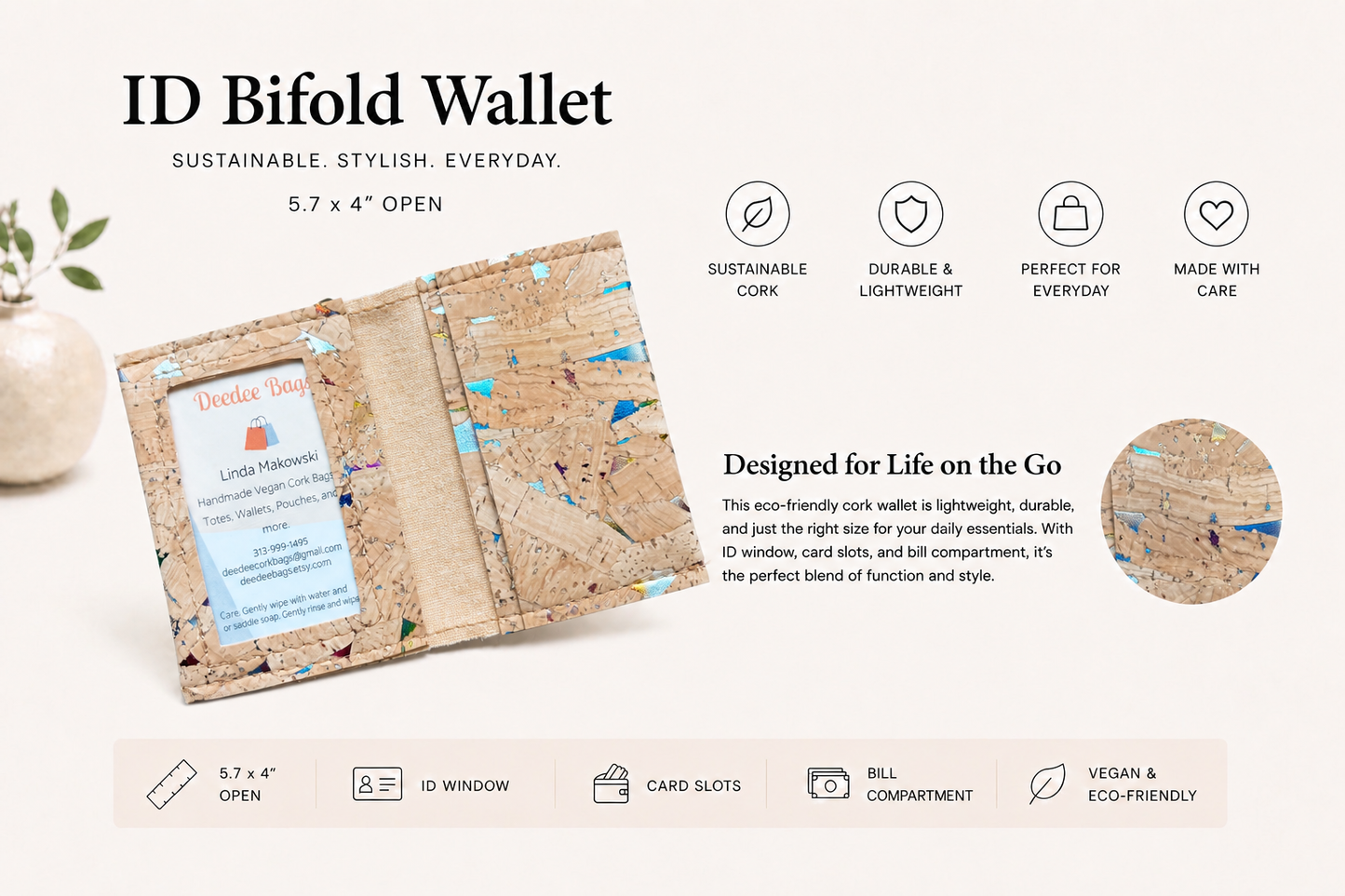 Bi-Fold/ID Cork Wallet -  Vegan - Handmade - Sustainable - Choose your fabric
