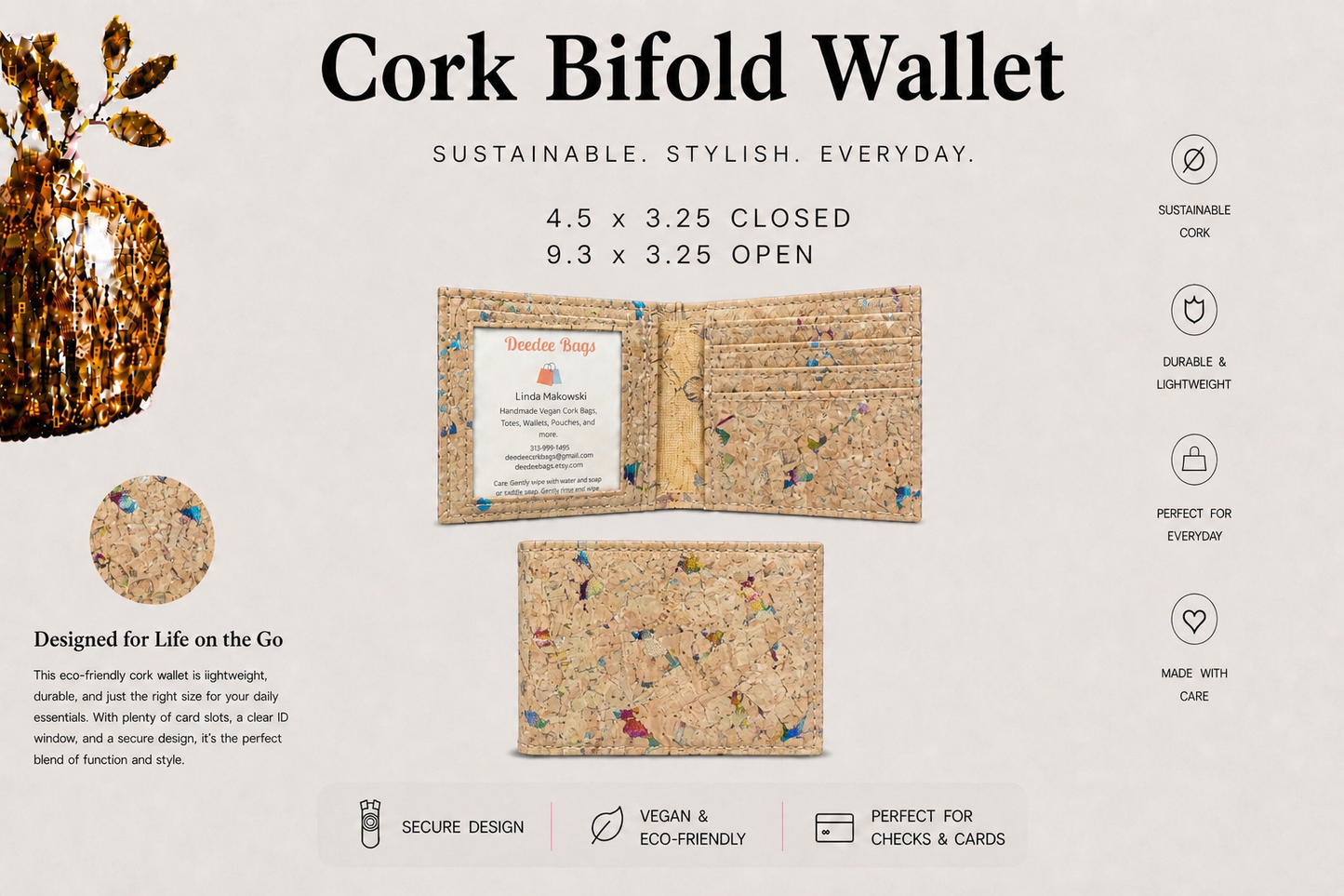 Bi-Fold Cork Wallet - Vegan - Handmade - ID Window