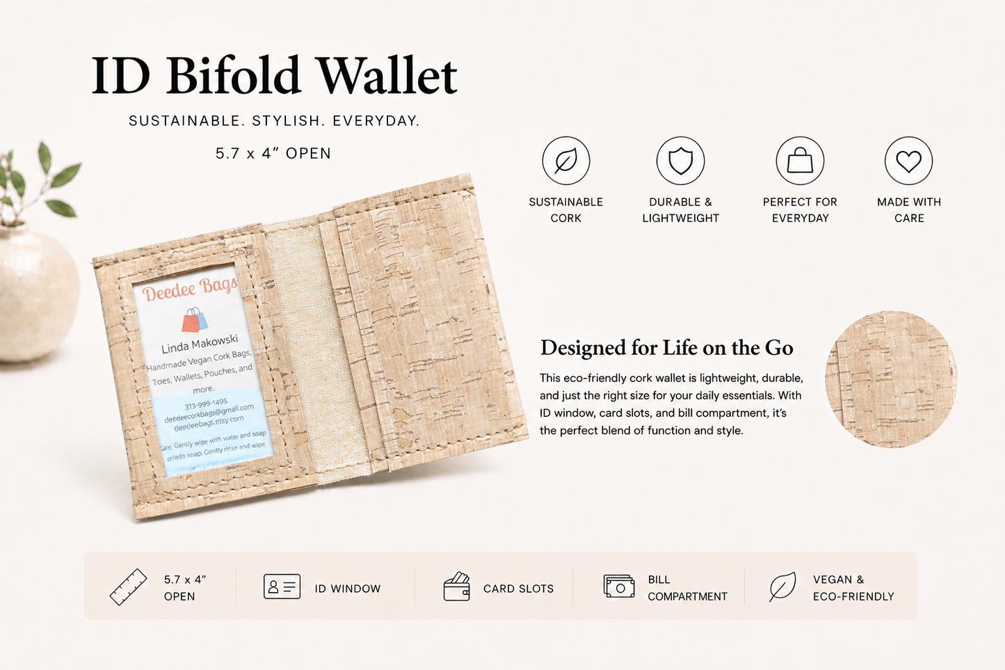 Bi-Fold/ID Cork Wallet -  Vegan - Handmade - Sustainable - Choose your fabric