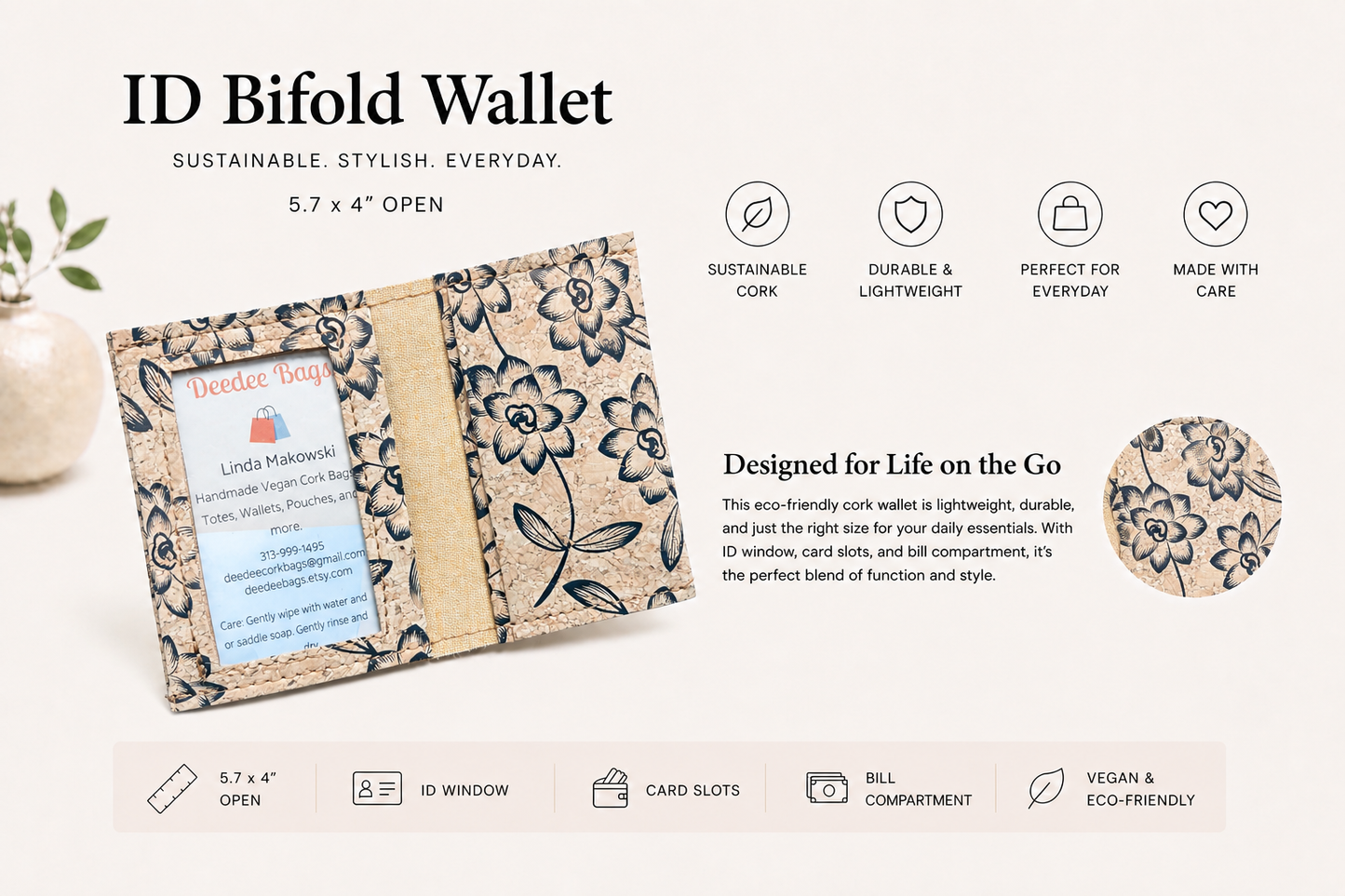 Bi-Fold/ID Cork Wallet -  Vegan - Handmade - Sustainable - Choose your fabric