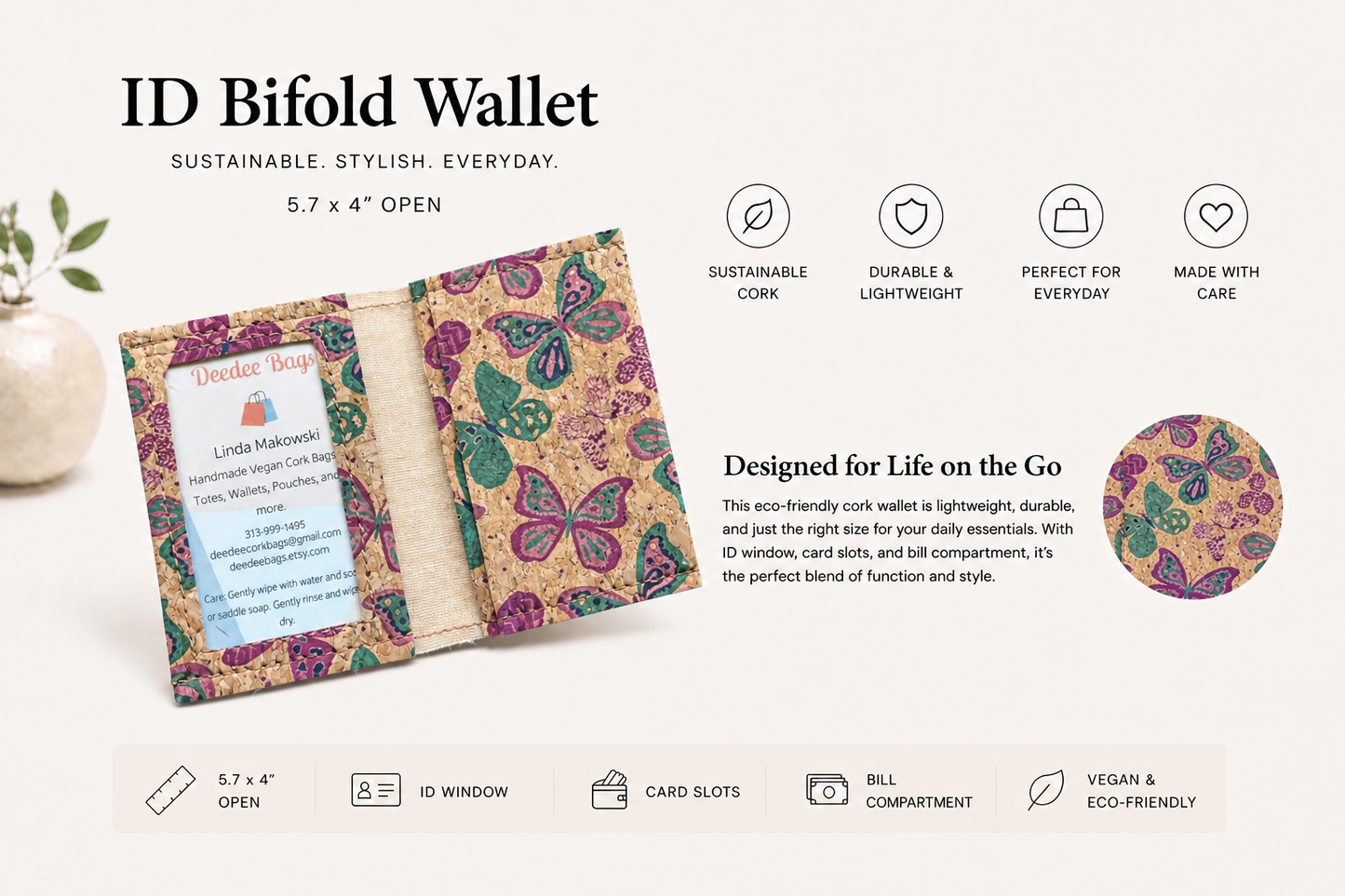 Bi-Fold/ID Cork Wallet -  Vegan - Handmade - Sustainable - Choose your fabric