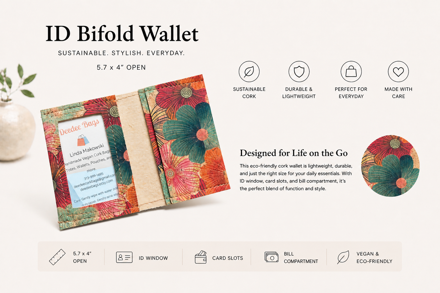 Bi-Fold/ID Cork Wallet -  Vegan - Handmade - Sustainable - Choose your fabric