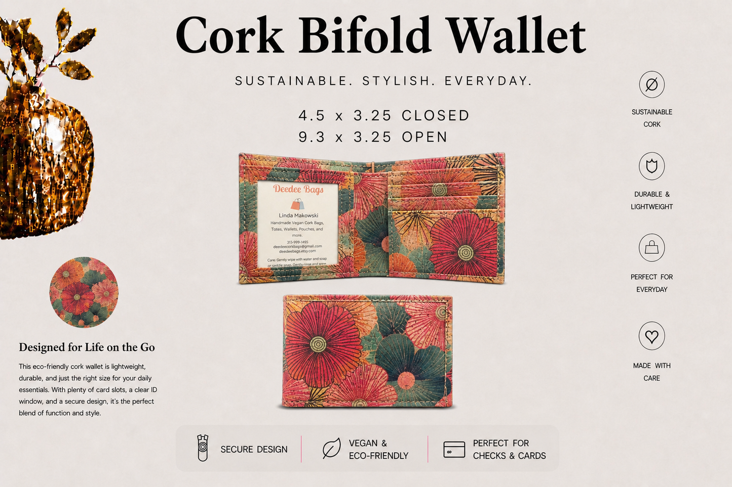Bi-Fold Cork Wallet - Vegan - Handmade - ID Window