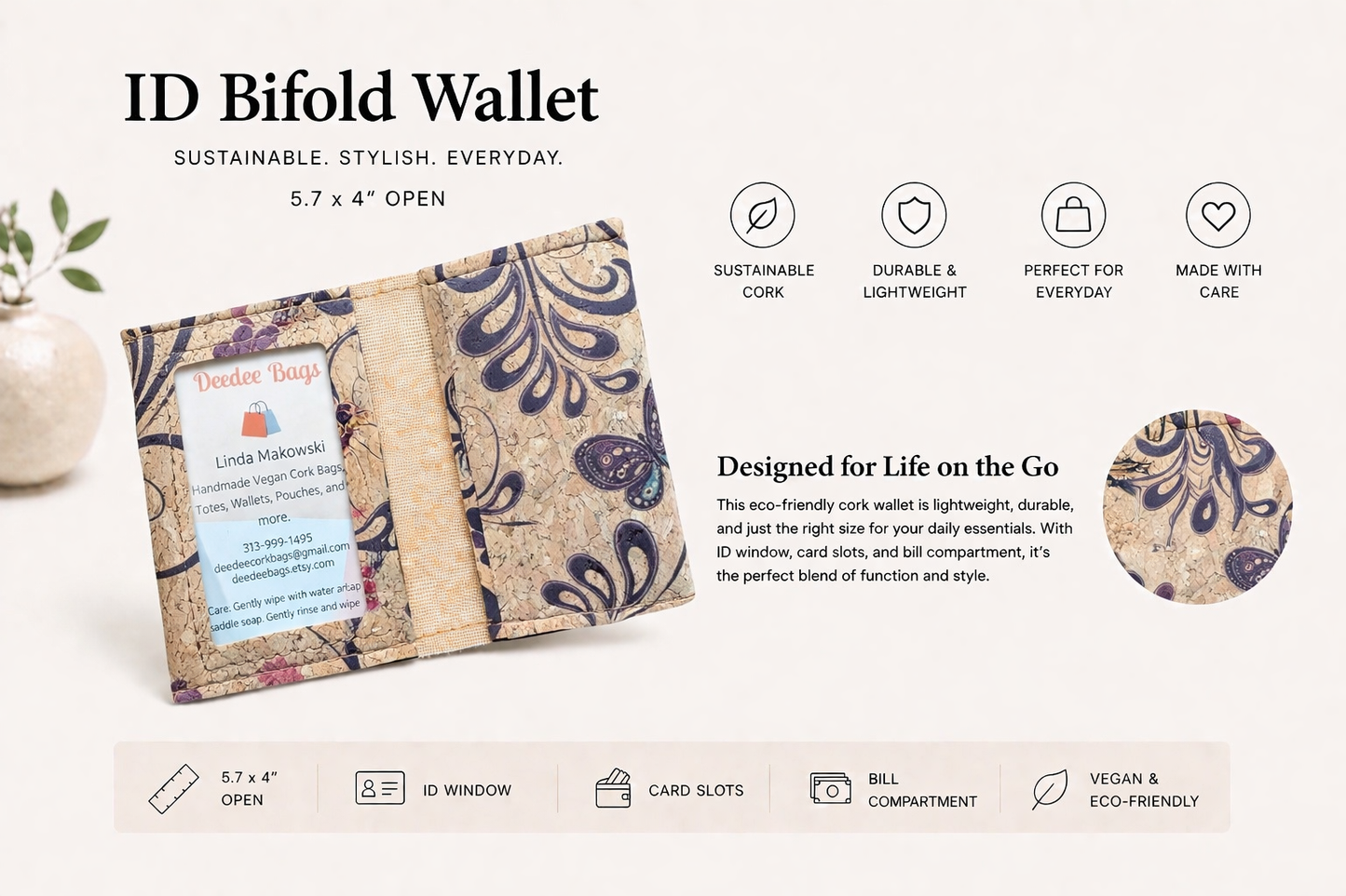 Bi-Fold/ID Cork Wallet -  Vegan - Handmade - Sustainable - Choose your fabric