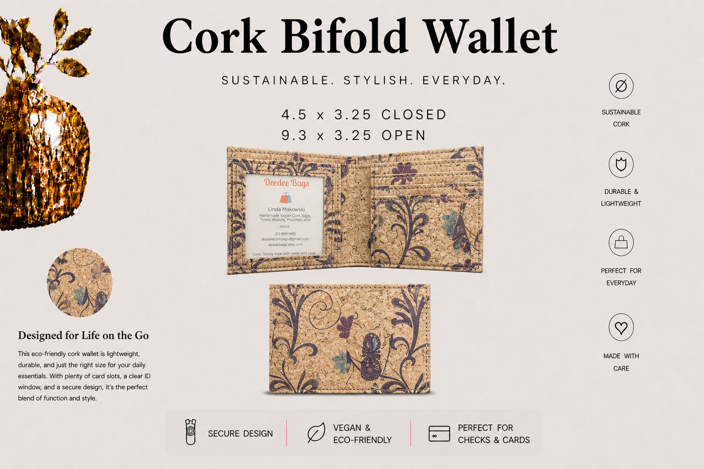 Bi-Fold Cork Wallet - Vegan - Handmade - ID Window